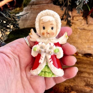 Vintage ENESCO Angel Candy Cane Figurine Christmas 1950 MCM Retro Kitsch Angel Ceramic Spaghetti Trim Angel Candy Cane Victorian Girl Japan