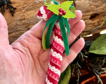 Vintage Candy Cane Christmas Ornament 1960 1970 Sequin Candy Cane Hand Made Sequined Candy Cane Retro Kitsch Winter Holiday Decor