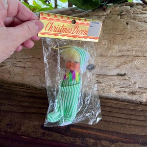 Vintage Sleepy Elf Pixie Kid Christmas Ornament MCM 1960 1970 Green Striped Pajama Pixie Child Japan 5” Plastic Retro Kitsch Decor NIOP
