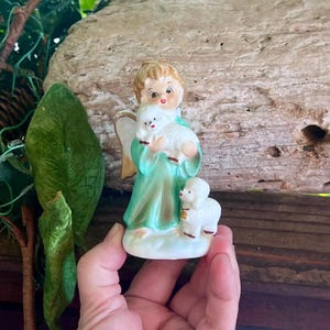 Vintage LEFTON Angel Christmas Figurine MCM 1950 Green Angel Lamb Ornament Ceramic Angel Retro Kitsch Easter Decor