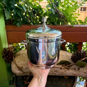 May include: A polished silver-toned metal ice bucket with a rounded body, two small side handles, and a removable lid featuring a decorative finial. The surface is highly reflective, showing distorted surroundings on its smooth, curved exterior.