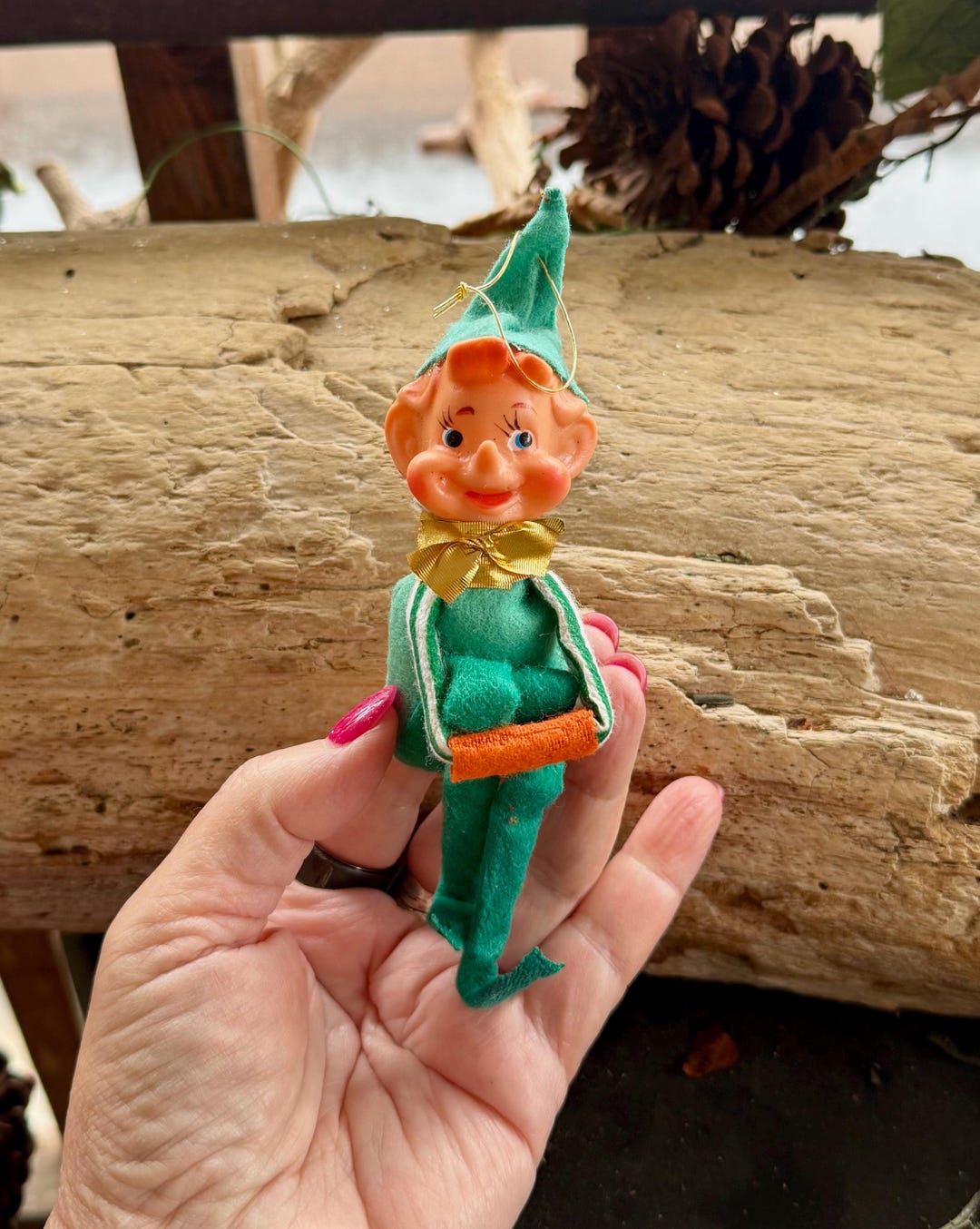 Vintage Delta Knee Hugger Elf Plastic Christmas Ornament 1950 1960