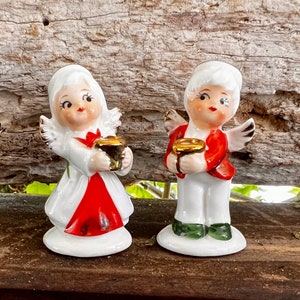 Vintage NAPCO Weihnachten Junge Mädchen Engel Kerzenhalter 1950 1960 MCM Keramik Kerzenhalter Figur Retro Kitsch XMas Engel Set 2