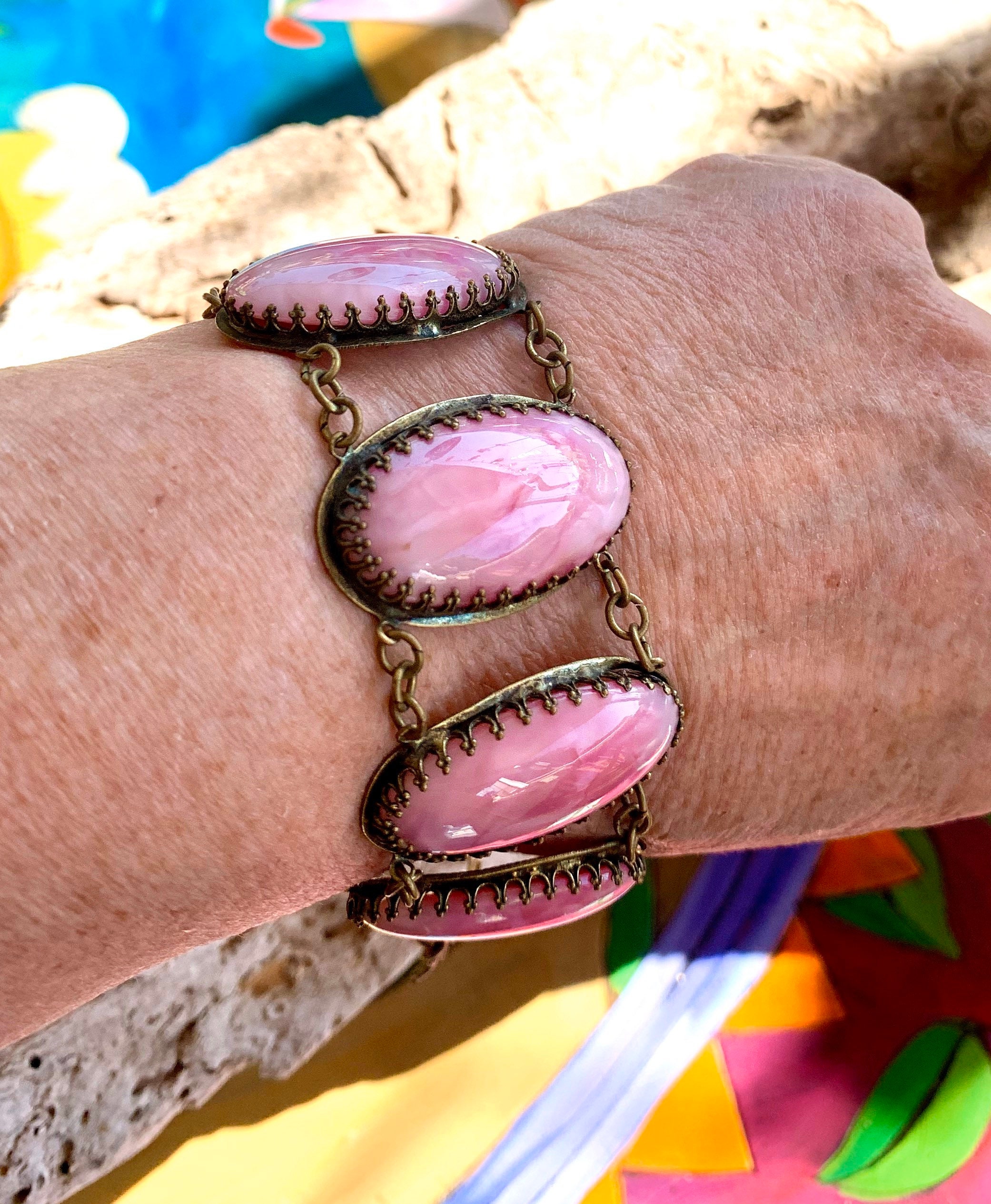 Vintage 1930 1940 Czech Pink Bracelet Art Deco Peking Glass Panel