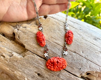 Vintage Czech Art Deco Coral Glass  Necklace Choker 1920 1930 Floral Enamel Necklace Bride Bridal Wedding Romantic Mother’s Day Gift Her