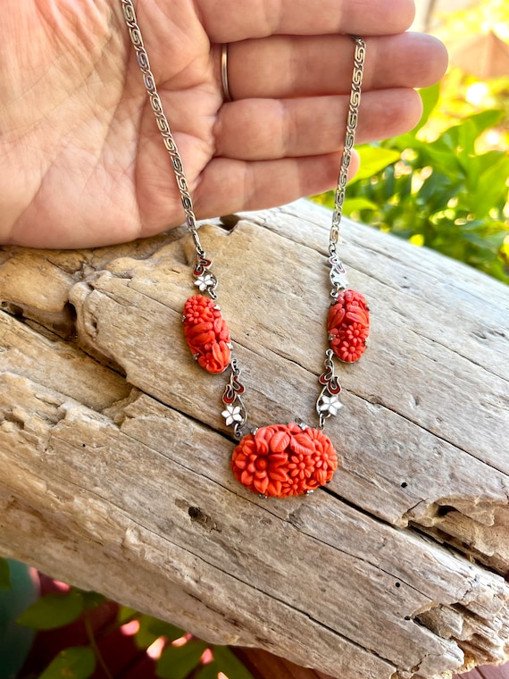 Collier Ras Du Cou Ancien En Corail Véritable - Style Art Déco, Longueur 36-40 Cm, Couleur Rose Et Blanc