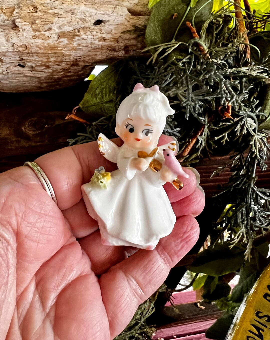 Vintage LEFTON Angel Figurine Floral LEFTON Flute Bird Angel Etsy