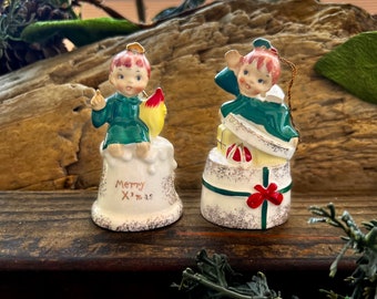Vintage NAPCO Angel Christmas Bell Ornament  MCM 1950 Angel Candle Gift Bell Retro Kitsch Ceramic Angel Bell Japan Winter Holiday Set 2