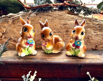 Vintage LEFTON Anthropomorphic  Bunny Rabbit 1950 MCM Ceramic Bunny Figurine Japan Retro Kitsch Chained Easter Decor Set 3