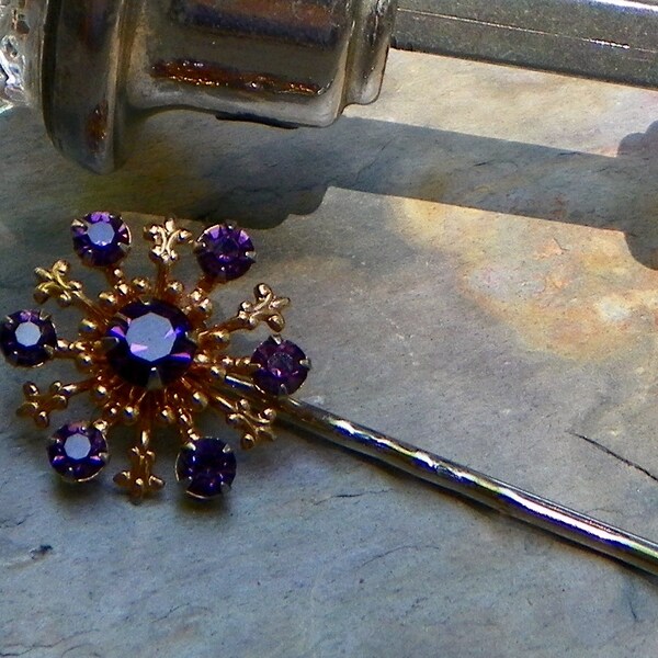 Fall Winter Purple Amethyst Violet Snowflake Rhinestone Hair Pin, Vintage Re-Purposed