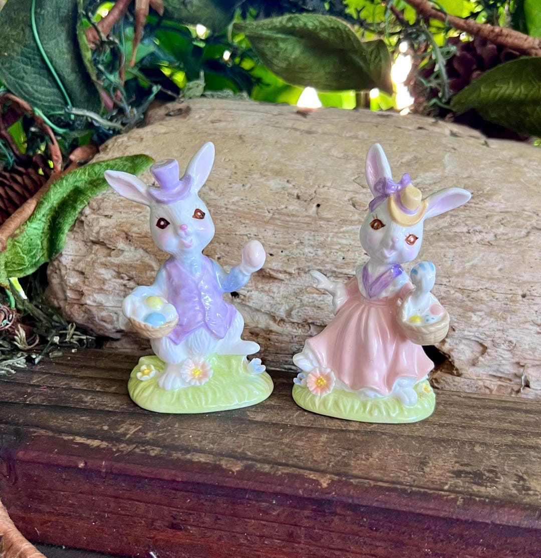 Kitsch Shiny Rabbit Vintage NAPCO Bunny Rabbit Figurine 1960 1970 Mama Daddy Floral Easter ...
