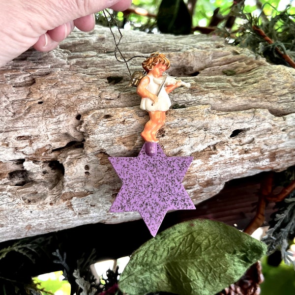 Vintage Angel Star Christmas Ornament Celluloid 1940 1950 Western Germany West German Purple Mica Glitter MCM Valentine’s Day Decor