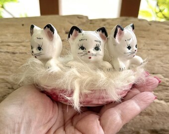 Vintage NORCREST 3 Little Kittens Fur Pink Basket Figurine MCM