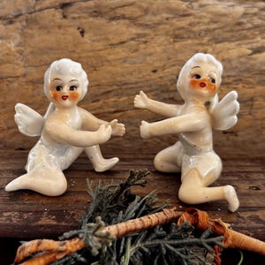 Puede incluir: Dos figuras de querubines de porcelana vintage. Los querubines están arrodillados con los brazos extendidos y pequeñas alas blancas. Tienen mejillas rosadas, labios rojos y cabello blanco. Las figuras están sobre una superficie de madera con vegetación.