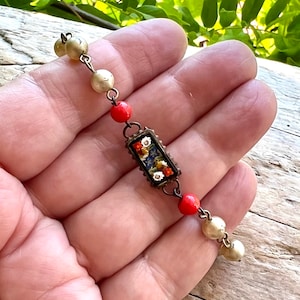 Vintage Micro Mosaic Bracelet 1920 1930 Red Floral Rose Micro Mosaic  Bracelet Retro Bride Bridal Wedding Jewelery Christmas Gift Her