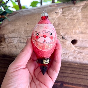 Vintage Glass COMMODORE Santa Christmas Ornament 4” Hand Painted Glass Santa Mouth Blown Glass Romania Retro Kitsch Decor