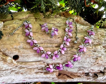Vintage LISNER Purple Lavender Necklace Choker Bracelet Earrings 1950 1960 MCM Demi Parure Plastic Retro Bride Bridal Set 3 Mother’s Day
