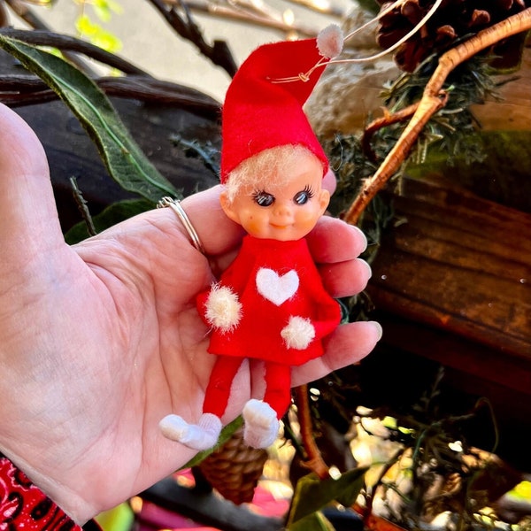 Vintage Hugging Plastic Heart Pixie Knee Hugger Ornament MCM 1960 Rubber Red Mod Elf Pixie Japan Retro Kitsch Valentine’s Day Decor