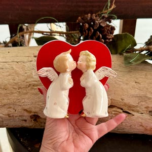 Vintage 1950 Kissing Angel Heart  Planter Boy Girl Heart Vase Retro Kitsch Ceramic Fine A Quality Japan Valentine Christmas Decor