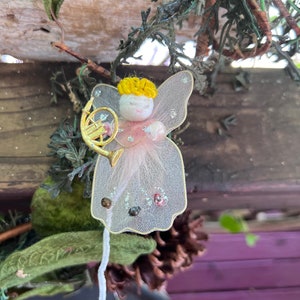 Vintage Pink Tulle Angel Christmas Ornament MCM 1950 1960 Angel Package Tie On Spun Cotton  French Horn Retro Kitsch Valentine Easter NOS