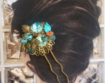 Vintage Turquoise Coral Rhinestone Bridal Hairpin MCM 1940 1950 Retro Bride Blue Rhinestone Bun Holder West Germany Engagement Wedding