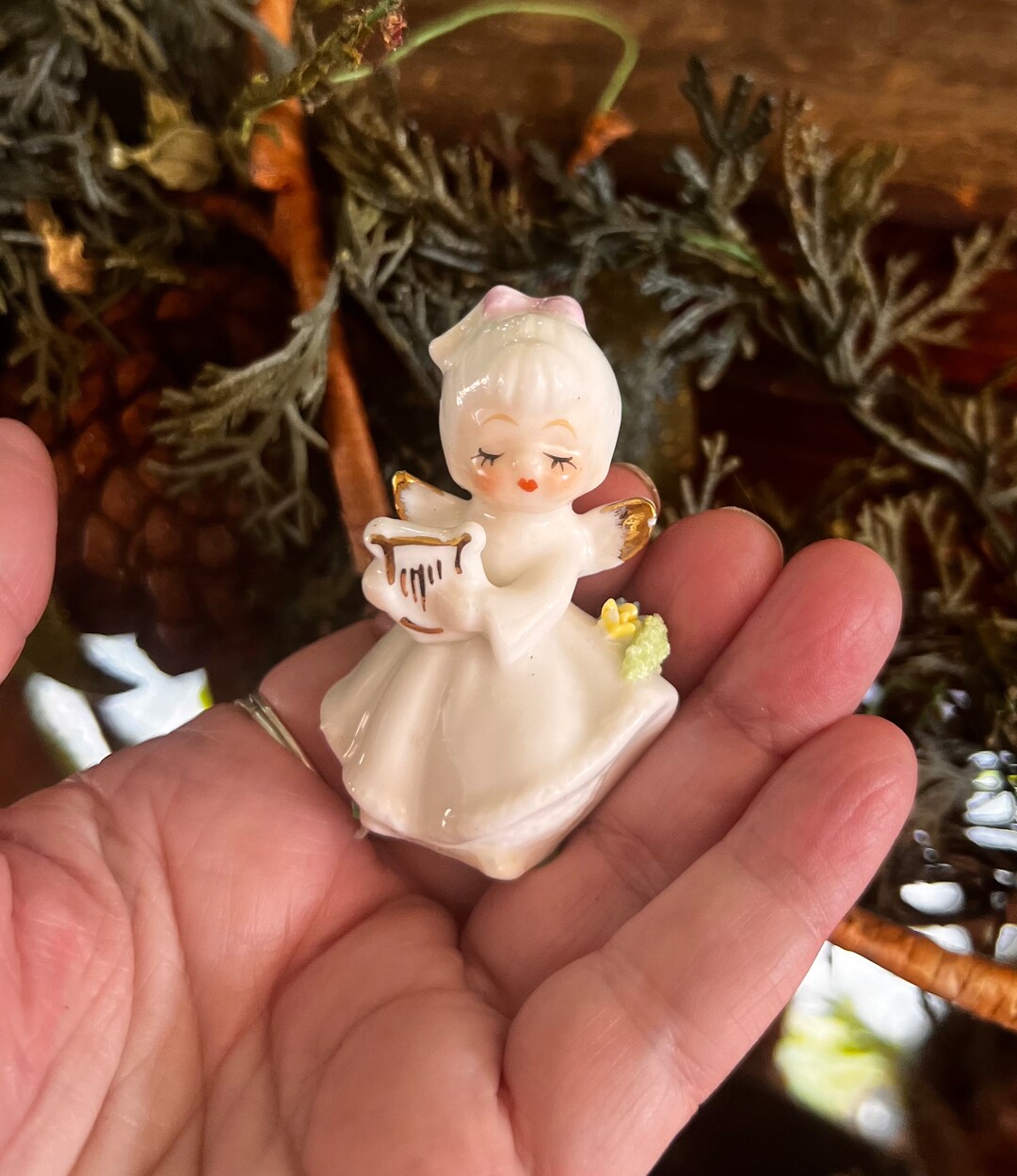 Vintage LEFTON Angel Figurine Floral LEFTON Angel Harp Ceramic MCM