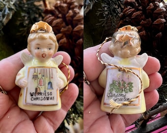 Vintage Ardalt Angel Bell Ornament 1940 1950 “Merriest Christmas” “Season’s Greetings” Angel Bell Yellow  MCM Retro Kitsch Ceramic Japan