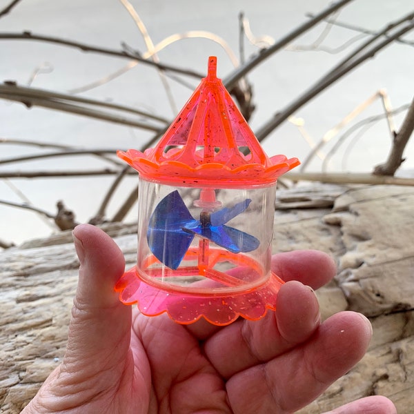 Vintage Spinner Twinkler Christmas Ornament Plastic Bird Cage MCM 1950 Retro Kitsch Spinner Ornament RARE Neon Orange Glitter