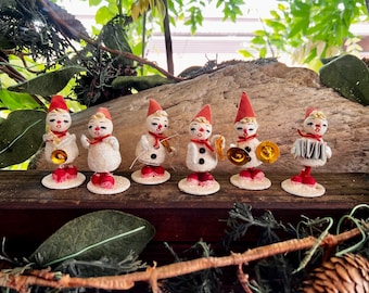 Vintage Spun Cotton Pixie Gnome Band Christmas Ornament 1940 1950 MCM Musical Elf Pixie Gnome Glitter Retro Kitsch Decor Set 6