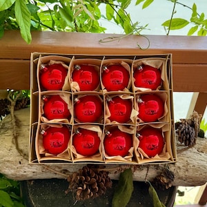 Vintage Fantasia Red Mercury Glass Christmas Ornament MCM 1950 1960 Jumbo Large 3” Ball Bulbs Poland Retro Atomic Set 12 IOB B