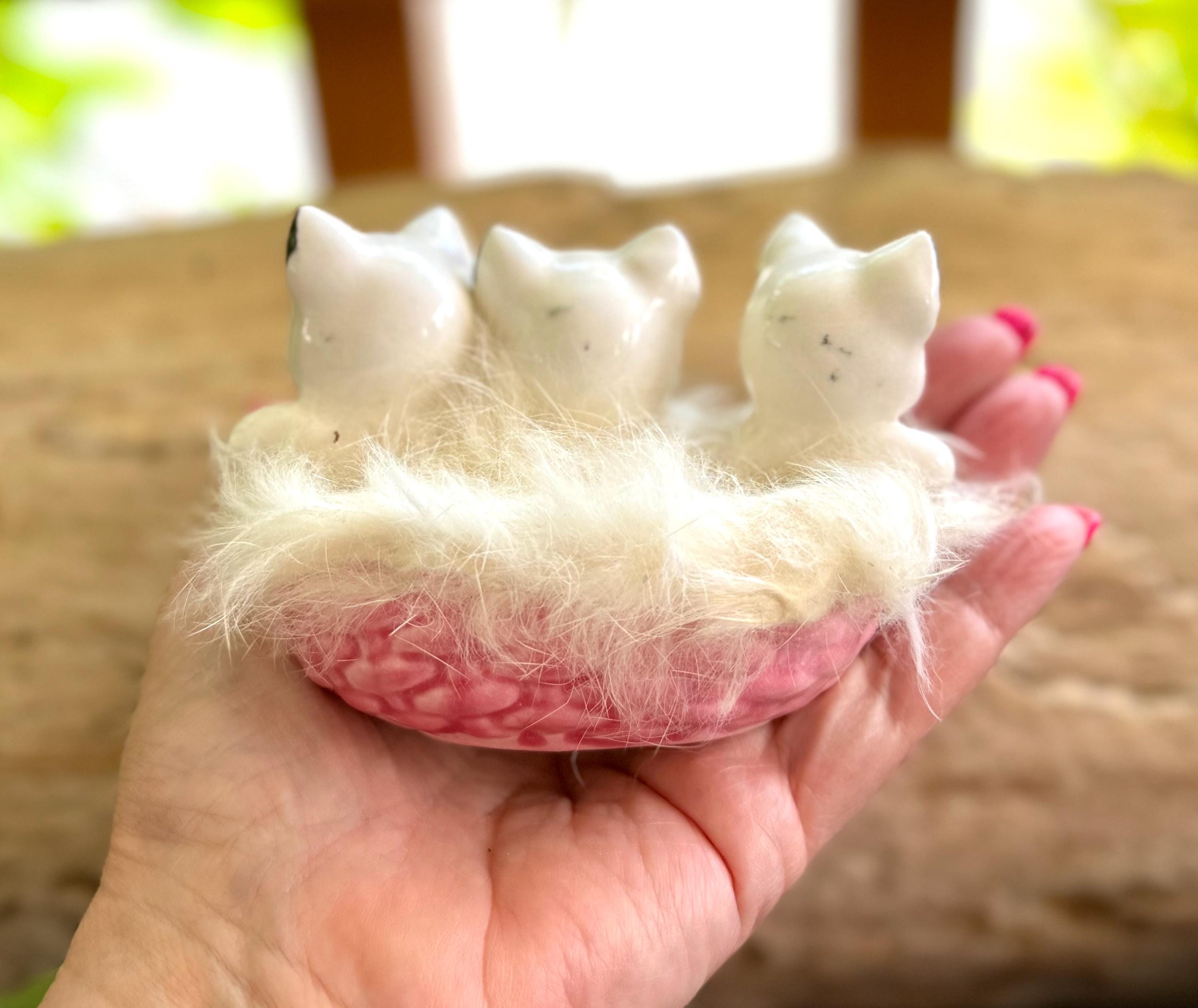 Vintage NORCREST 3 Little Kittens Fur Pink Basket Figurine MCM