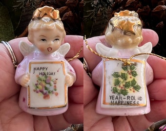 Vintage 1940 1950 Angel Christmas Bell Ornament MCM Pink Ardalt Angel “Happy Holiday/Year Round Happiness” Ceramic Angel Japan Retro Kitsch