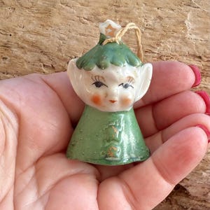 Vintage COMMODORE Elf Pixie Christmas Bell Ornament MCM 1950  Retro Kitsch Ceramic Elf Pixie Bell Japan 2 1/8” St Patrick’s Day Decor