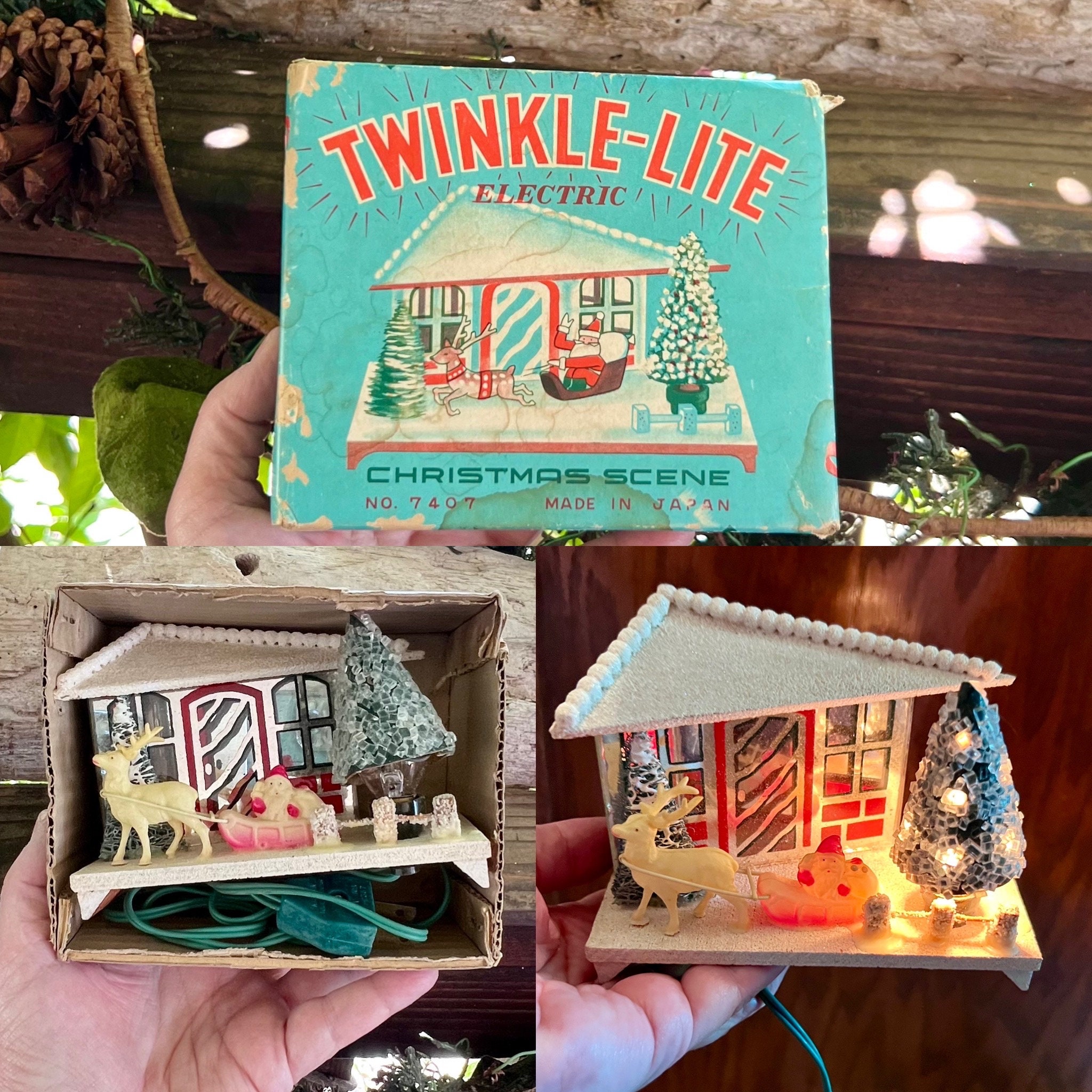 Vintage Christmas MCM 1950 Celluloid Santa Sleigh Reindeer House