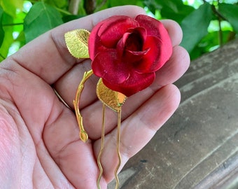 Vintage Red Rose Bridal Hairpin Rose Floral Hairpin Retro Red Enamel Bridal Hairpin MCM Bride Rose Floral Bun Holder Spring Summer Wedding