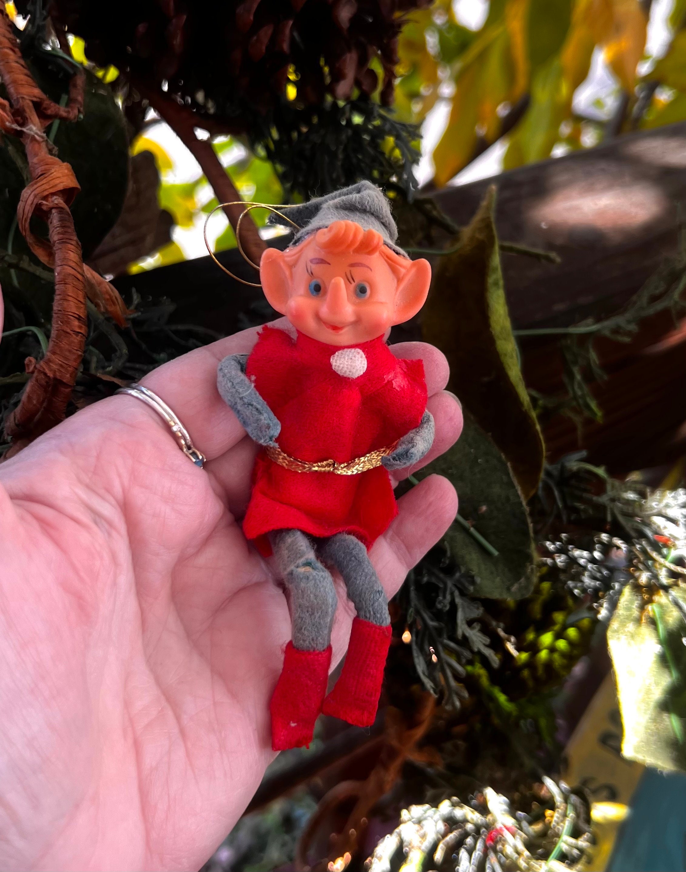 Ornement De Noël Vintage Lutin Elfe - Visage Caoutchouc, Corps Feutrine - Années 60/70