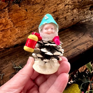 Vintage Elf Gnome Christmas Ornament Pixie Pinecone Gnome Ornament 1950 1960 Gnome MCM Pine Cone Japan Retro Kitsch Decor