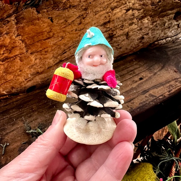 Vintage Elf Pixie Gnome Christmas Ornament Pinecone Gnome Ornament 1950 1960 Gnome MCM Pine Cone Japan Retro Kitsch Decor