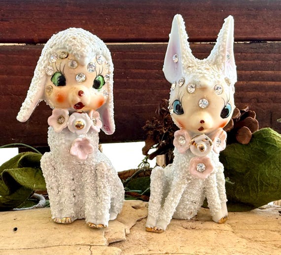 Vintage Anthropomorphic Lamb 1950 MCM Ceramic Pink Floral