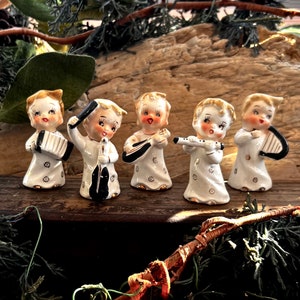 Vintage 1950 Christmas Children’s Choir Figurine Ceramic Napco Artmark Band Ornament Japan Retro Kitsch Easter Holiday Decor Set 5