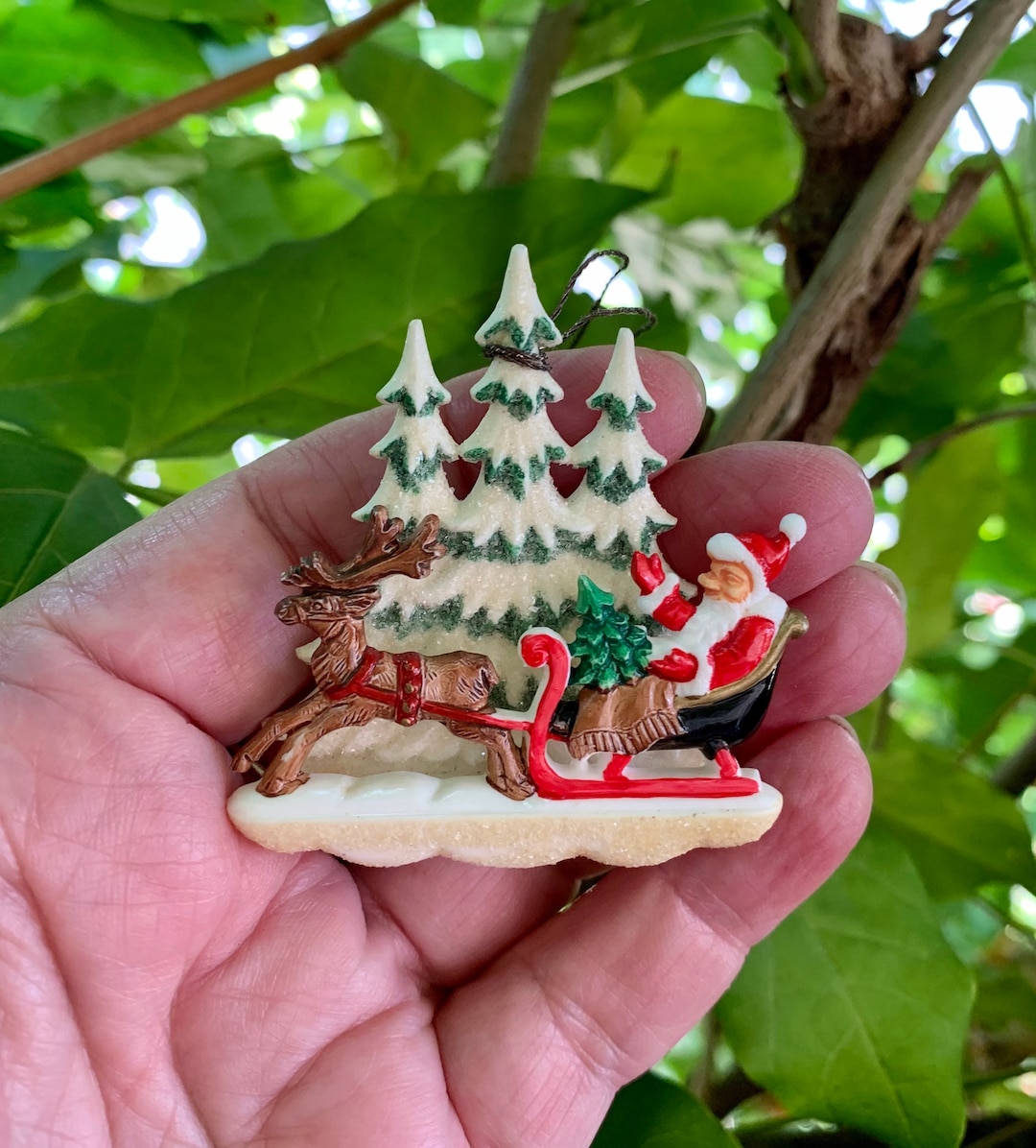 Vintage Diorama Christmas Ornament Santa Sleigh Reindeer Pine Etsy