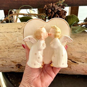 Vintage Christmas 1950 Kissing Angel Heart   Planter MCM Boy Girl Heart Retro Kitsch Ceramic Fine A Quality Japan Valentine Easter Decor