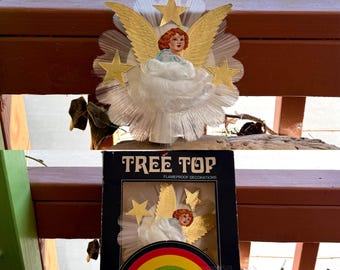 Vintage Victorian Spun Glass Angel Spun Glass Christmas Tree Topper  1950 1960 National Tinsel German Die Cut Angel Dresden Wings Stars IOB