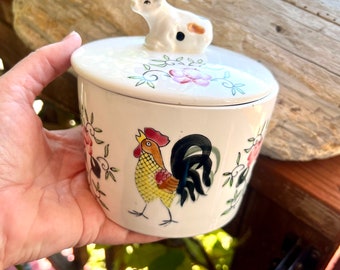 Vintage Ceramic Rooster Rose Floral Flower Butter Pot MCM 1940 1960 Ceramic Bacon Grease Jar Cow Finial Lid Retro Farmhouse Kitsch Decor