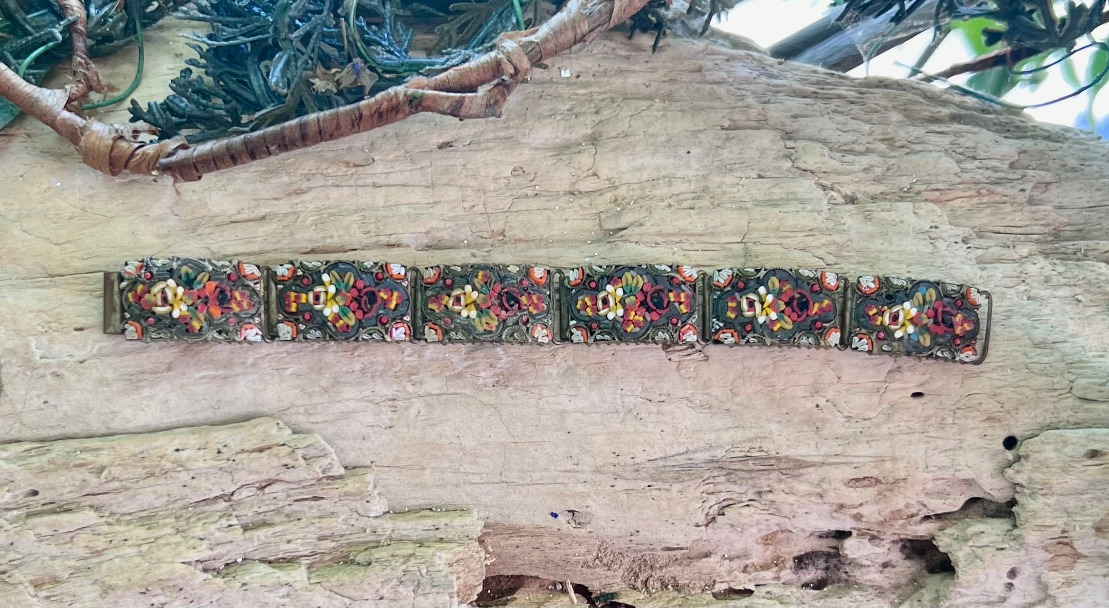 Vintage Micro Mosaic Rose Bracelet Victorian Floral Bracelet 1930