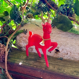 Vintage Red Reindeer Deer Christmas Ornament 1950 1960 MCM LEE WARD 6 1/2” Flocked Reindeer Bell Retro Kitsch Winter Holiday Decor
