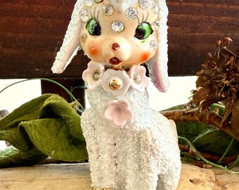 Vintage Anthropomorphic Lamb 1950 MCM Ceramic Pink Floral