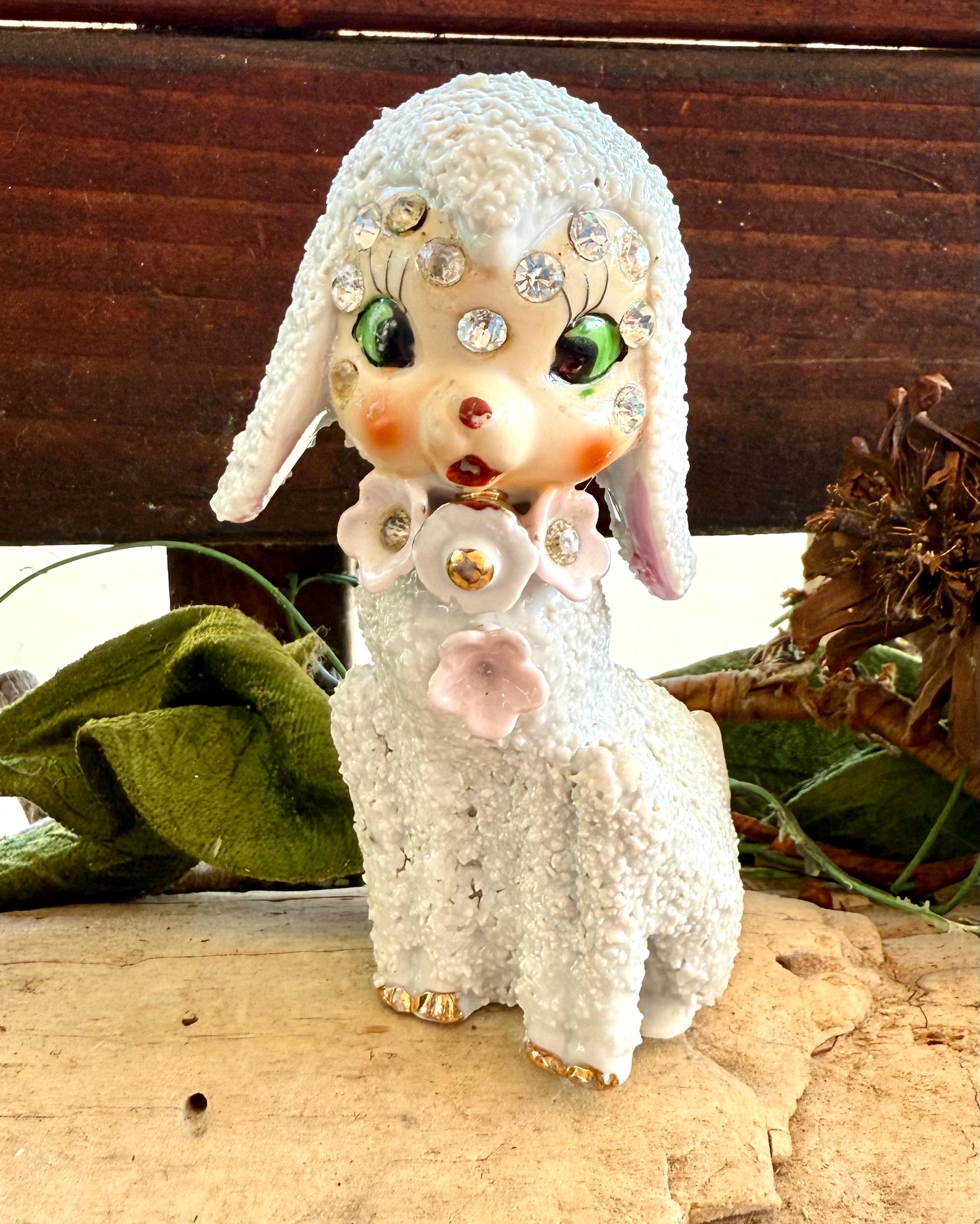 Vintage Anthropomorphic Lamb 1950 MCM Ceramic Pink Floral