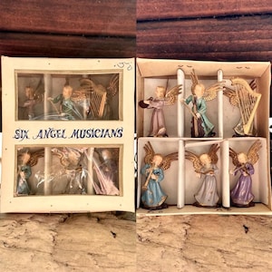 Vintage Angel Musical Christmas Ornament British Hong Kong 1960 1970 Retro Orig Box Mini 2” Set 6 Valentine Easter Decor