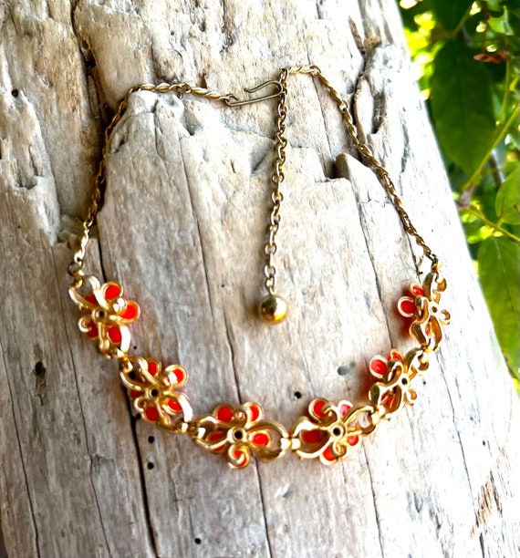 Vintage Orange Flower Necklace  Floral Thermoset … - image 6